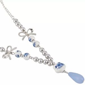 Blue Floral & Silver Ribbon Chunky Charm Necklace